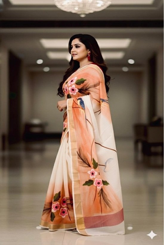 cotton hand painted saree draped on model pallu view handcrafted by swamini sarees