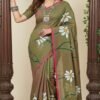 green-red-mul-handpainted-saree-with-daisy-flowers-draped-on-model-by-swamini-sarees-by-swamini-sarees