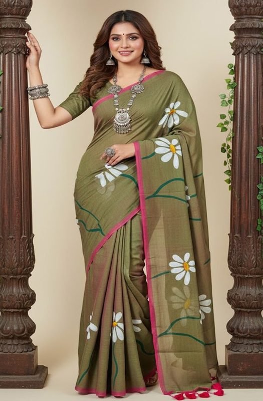 green-red-mul-handpainted-saree-with-daisy-flowers-draped-on-model-by-swamini-sarees-by-swamini-sarees