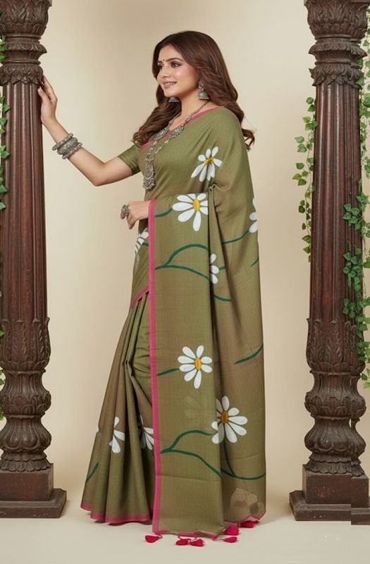 green-red-mul-handpainted-saree-with-daisy-flowers-side-viewl-by-swamini-sarees