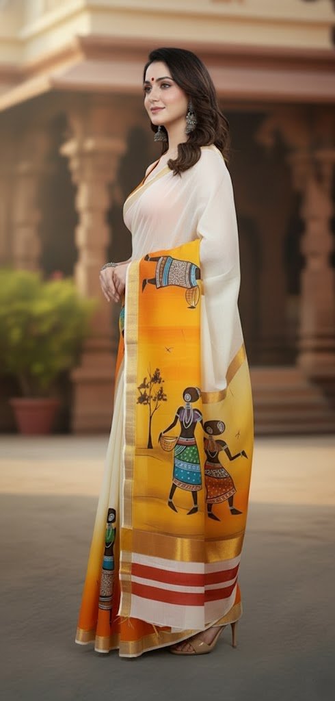 hand painted saree with warli triabl art draped on a model side view swamini sarees