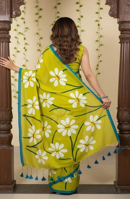 lime-green-mul-handpainted-saree-with-daisy-flowers-backt-view-by-swamini-sarees