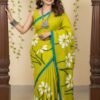 lime-green-mul-handpainted-saree-with-daisy-flowers-draped-on-model-by-swamini-sarees