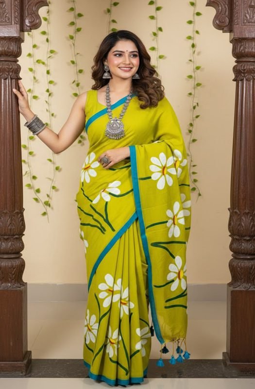 lime-green-mul-handpainted-saree-with-daisy-flowers-draped-on-model-by-swamini-sarees