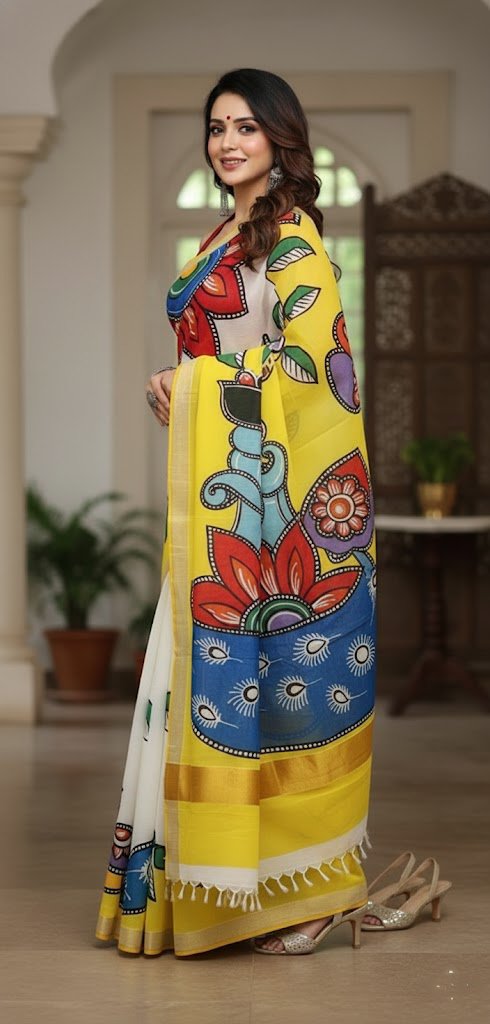 hand-painted abstract Madhubani cotton saree pallu view by swamini sarees