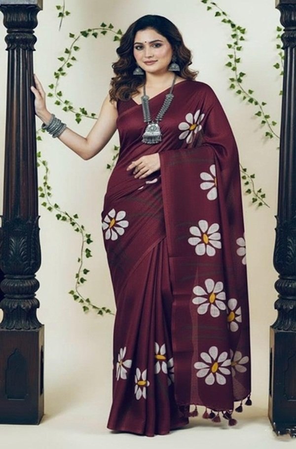 Maroon Mul Daisy Handpainted Saree