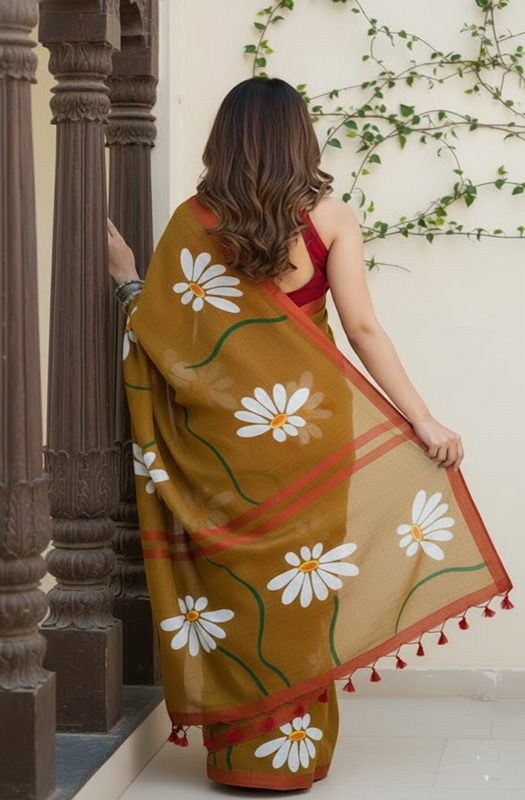 ochre-red-mul-handpainted-saree-with-daisy-flowers-back-view-by-swamini-sarees
