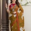 ochre-red-mul-handpainted-saree-with-daisy-flowers-draped-on-model-by-swamini-sarees-by-swamini-sarees