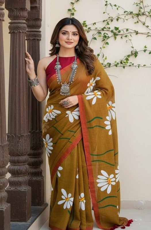 ochre-red-mul-handpainted-saree-with-daisy-flowers-draped-on-model-by-swamini-sarees-by-swamini-sarees