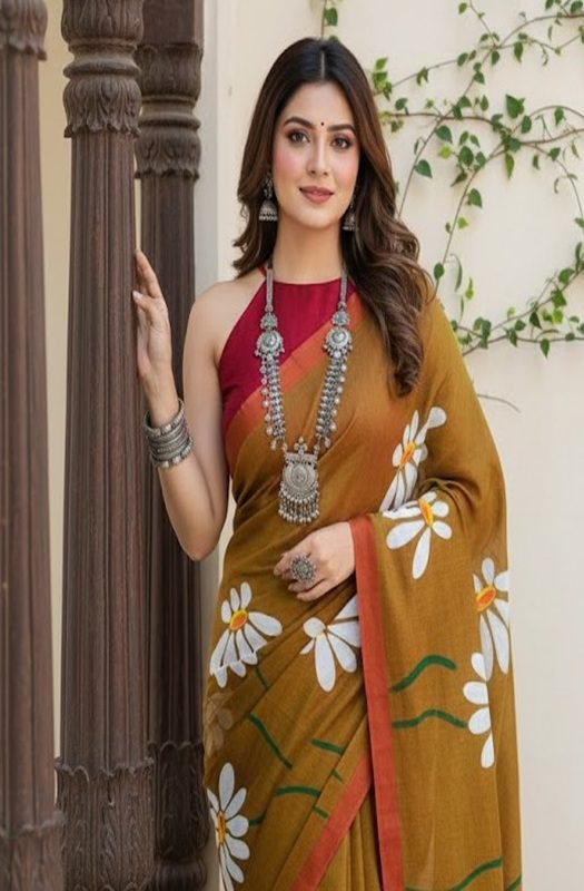 ochre-red-mul-handpainted-saree-with-daisy-flowers-front-view-by-swamini-sarees