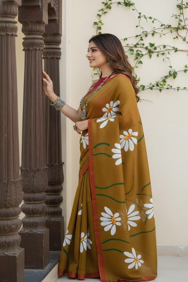 ochre-red-mul-handpainted-saree-with-daisy-flowers-side-view-by-swamini-sarees