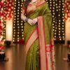 olive green paithani silk kalanjali butti draped on model by swamini sarees