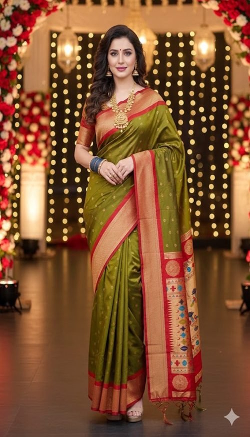 olive green paithani silk kalanjali butti draped on model by swamini sarees