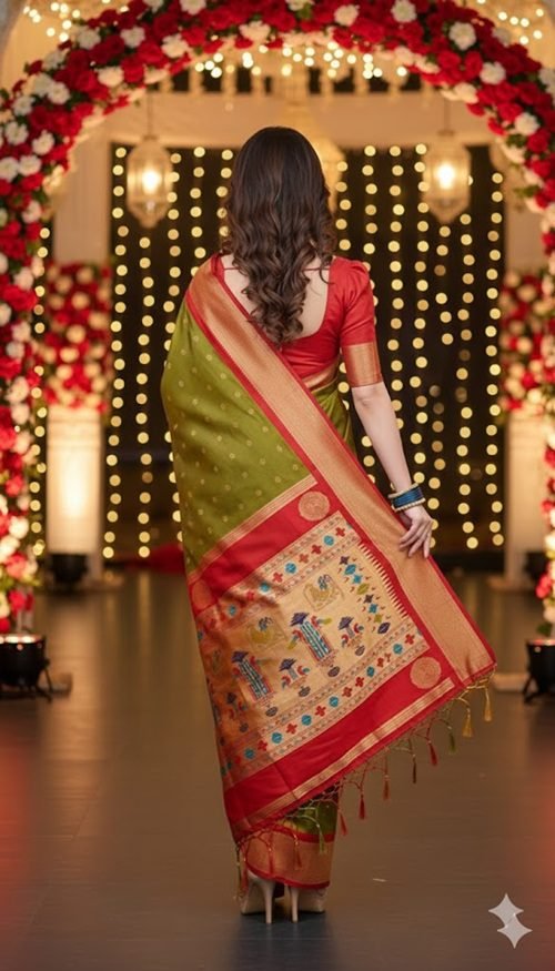 olive green paithani silk kalanjali butti pallu view by swamini sarees