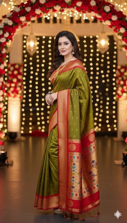 olive green paithani silk kalanjali butti side view by swamini saree
