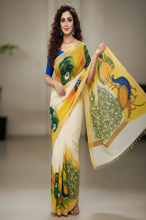 peacock cotton hand painted saree draped on model pallu view handcrafted by swamini sarees