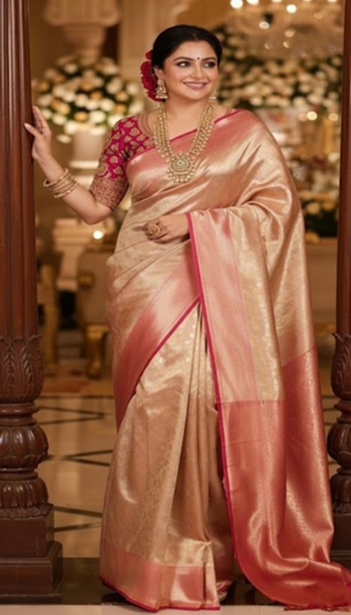 pink-banarasi-tissue-silk-saree-draped-on-model-by-swamini-sarees