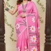 pink-mul-handpainted-saree-with-daisy-flowers-draped-on-model-by-swamini-sarees