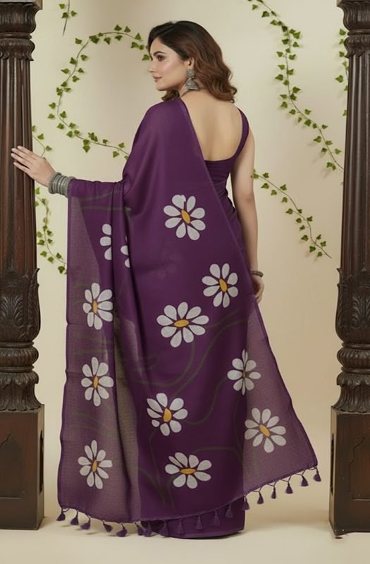 purple-mul-handpainted-saree-with-daisy-flowers-back-view-by-swamini-sarees