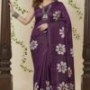 purple-mul-handpainted-saree-with-daisy-flowers-draped-on-model-by-swamini-sarees