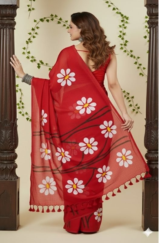 red-mul-handpainted-saree-with-daisy-flowers-back-view-by-swamini-sarees