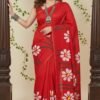 red-mul-handpainted-saree-with-daisy-flowers-draped-on-model-by-swamini-sarees.