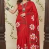 red mul handpainted saree with daisy flowers front view draped on model by swamini sarees