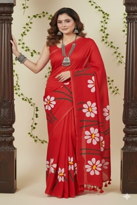 red mul handpainted saree with daisy flowers front view draped on model by swamini sarees