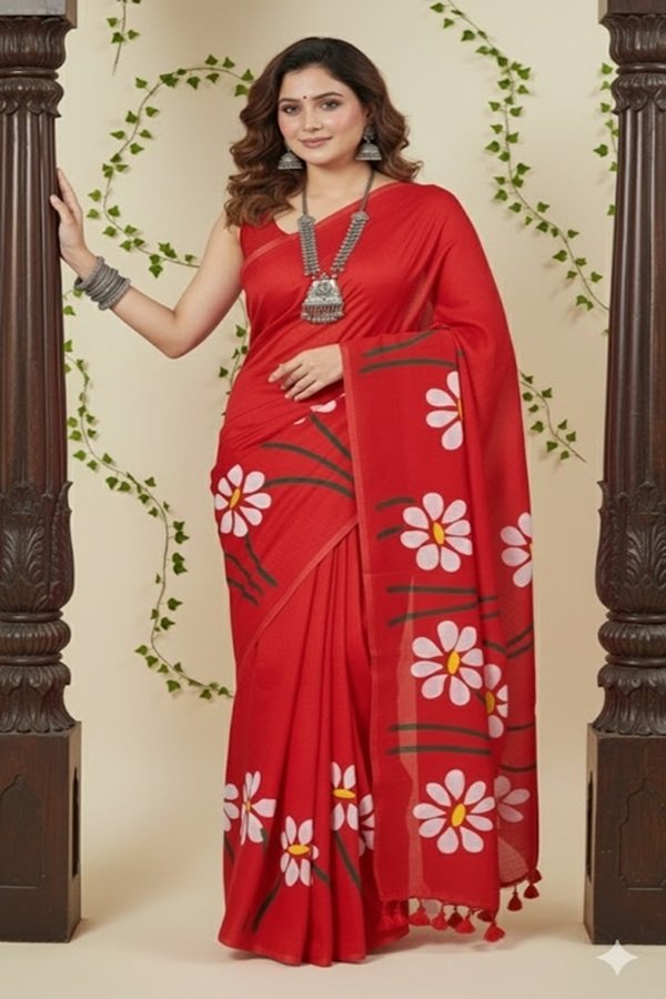 red mul handpainted saree with daisy flowers front view draped on model by swamini sarees