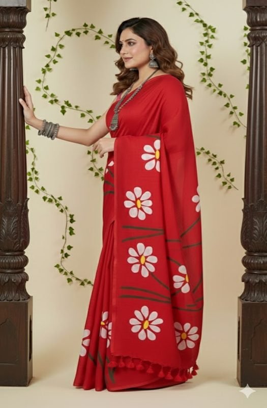 red-mul-handpainted-saree-with-daisy-flowers-side-view-by-swamini-sarees
