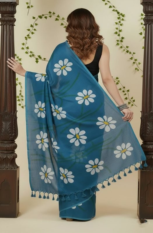 Teal blue Mul cotton saree featuring handpainted white daisy floral motifs for summer wear back view by swamini sarees