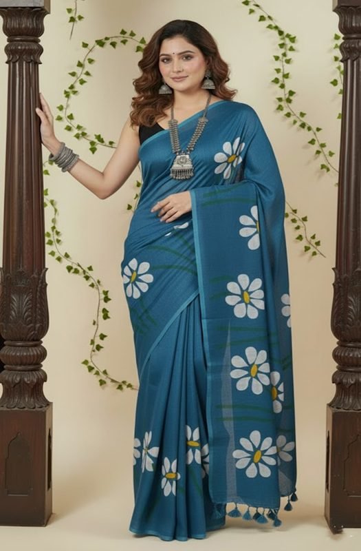 Teal blue Mul cotton saree featuring handpainted white daisy floral motifs for summer wear by swamini sarees