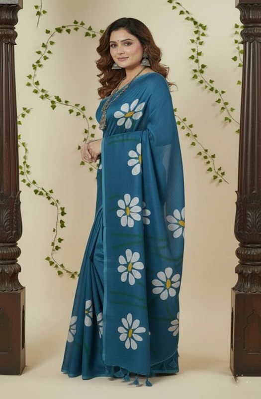 Teal blue Mul cotton saree featuring handpainted white daisy floral motifs for summer wear side view by swamini sarees