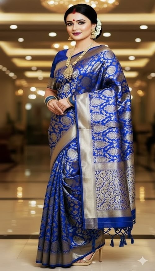 traditional wedding festive blue banarasi silk saree draped on model by swamini sarees