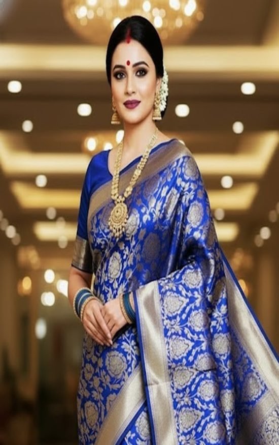 traditional wedding festive blue banarasi silk saree front view by swamini sarees