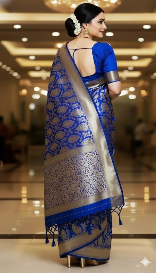 traditional wedding festive blue banarasi silk saree pallu view by swamini sarees