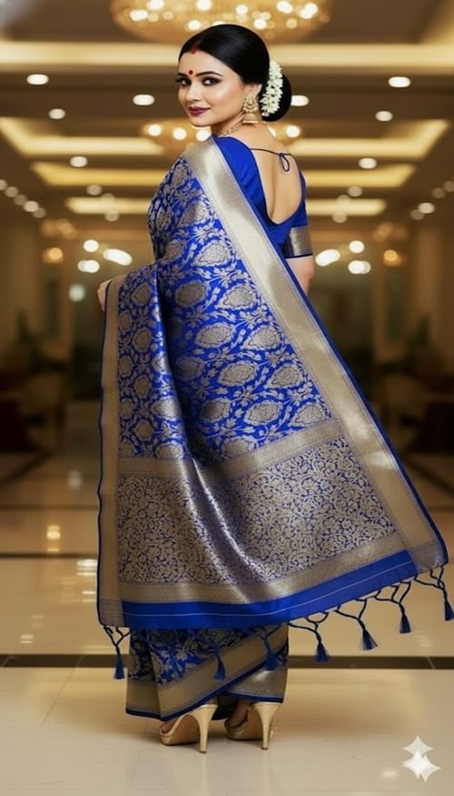 traditonal wedding festive blue banarasi silk saree side view by swamini sarees