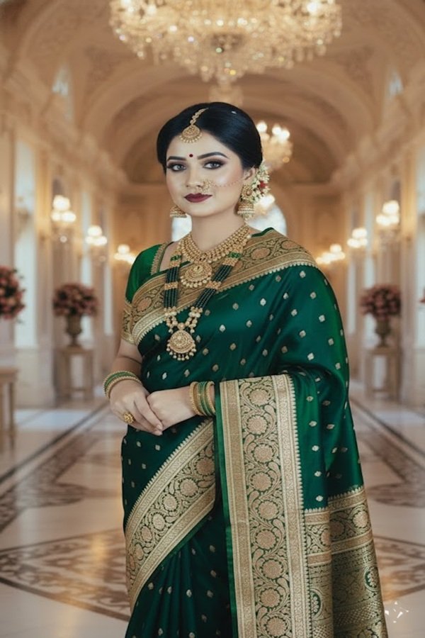wedding-banarasi-silk-saree-traditional-draped-on model-close-view-swamini-sarees