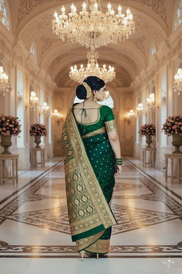 wedding-banarasi-silk-saree-traditional-draped-on model-pallu-view-swamini-sarees