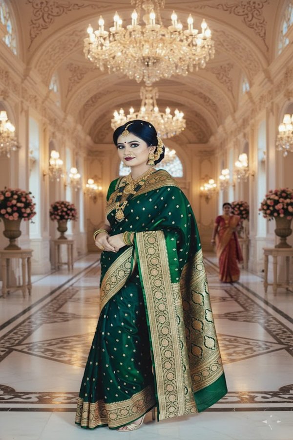 wedding-banarasi-silk-saree-traditional-draped-on model-side-view-swamini-sarees