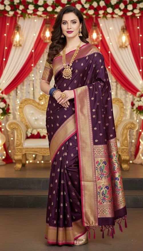 wine paithani silk kalanjali butti saree draped on model by swamini sarees