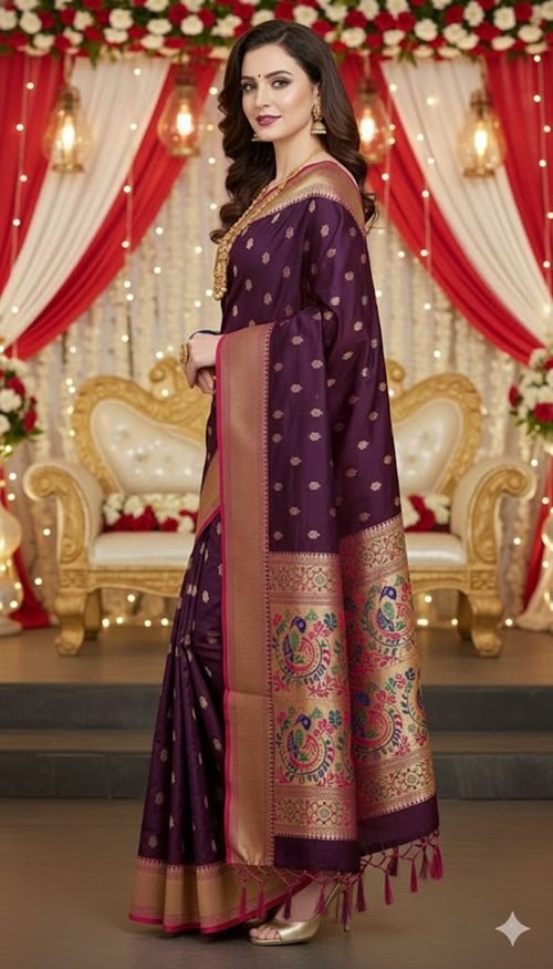 wine paithani silk kalanjali butti saree side view by swamini sarees
