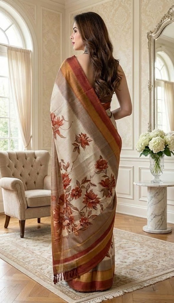 beige brown rust floral tussar silk saree back view by swamini sarees