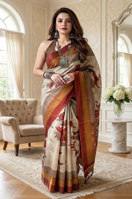 beige brown rust floral tussar silk saree full front view by swamini sarees by swamini sarees