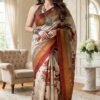 beige brown rust floral tussar silk saree full front view by swamini sarees by swamini sarees
