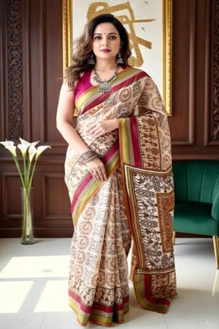 beige brown red floral tussar silk saree front view draped on model by swamini sarees