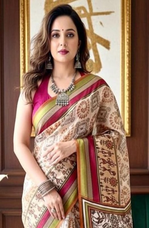 beige warli print saree with warli print close view by swamini sarees
