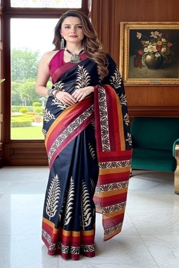 black tussar silk saree front view draped on model by swamini sarees