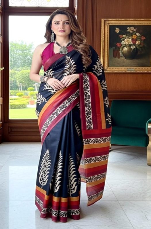 black tussar silk saree draped on model by swamini sarees