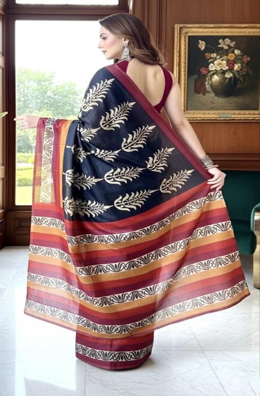 black tussar silk saree pallu back view by swamini sarees
